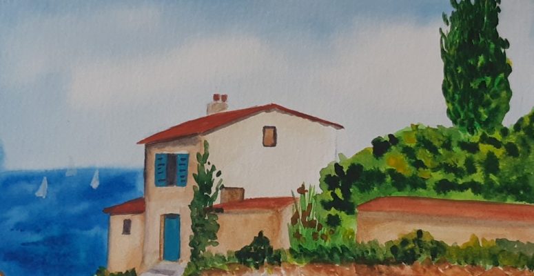 toszkán falu akvarell