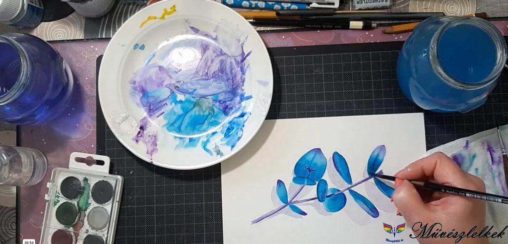 kék levél online akvarellfestő tanfolyami anyag