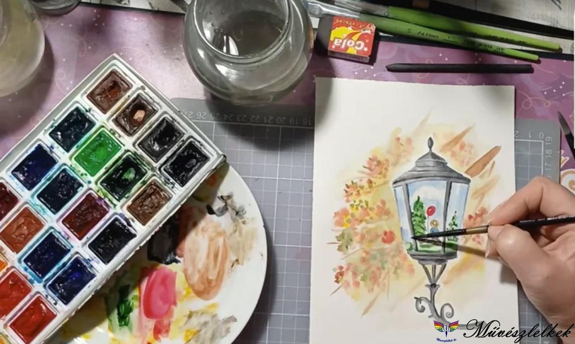 őszi lámpa akvarellfestő tanfolyami anyag