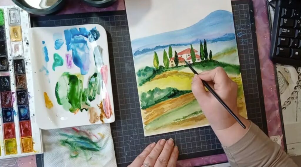 Toszkán tájkép festése akvarell festékkel online workshop